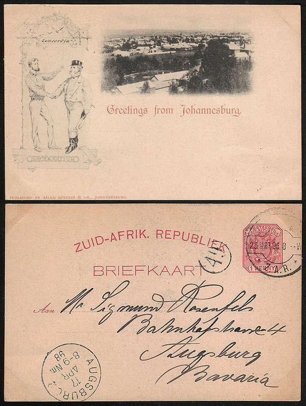 TRANSVAAL 1898 (MRT 23) GREETINGS FROM JOHANNESBURG - BOER AND BRITAIN ILLUSTR PS CARD TO GERMANY