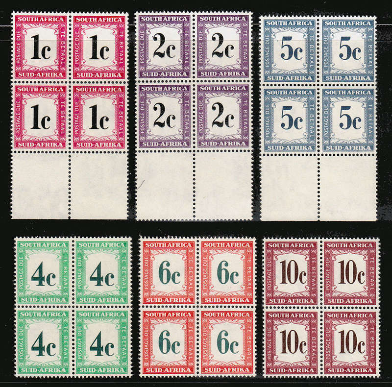 UNION 1961 POSTAGE DUES DECIMAL ISSUE SET 6 VALUES IN BLOCKS OF 4 VERY FINE MNH SACC 44-49