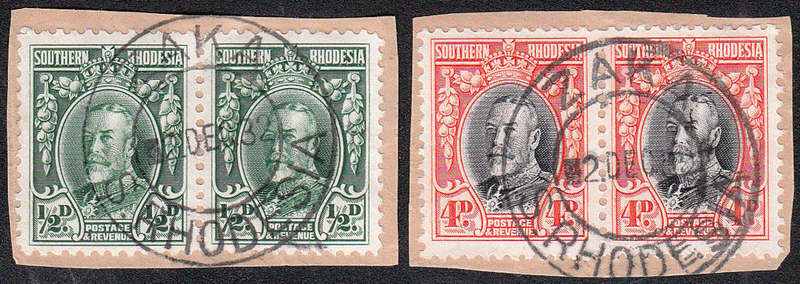 SOUTHERN RHODESIA RARE "ZAKA 2 DEC 32" TWO FULL STRIKES ON ½d AND 4d 1931 KGV CUT OUTS