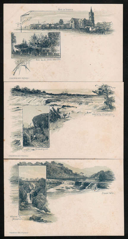 TRANSVAAL C 1900 J.H. DE BUSSY THREE DIFFERENT UNUSED POSTCARDS IN OLIVE-GREEN SHADE. AVERAGE COND