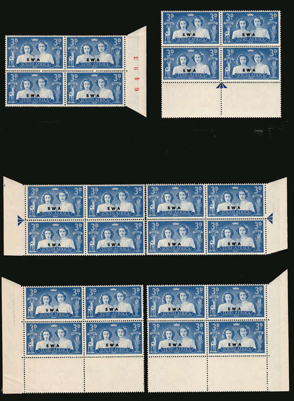 SWA 1947 ROYAL VISIT SET IN MULT BLOCKS INCL ARROWS, SHEET NO CORNERS PLUS VARIETIES VERY FINE MNH