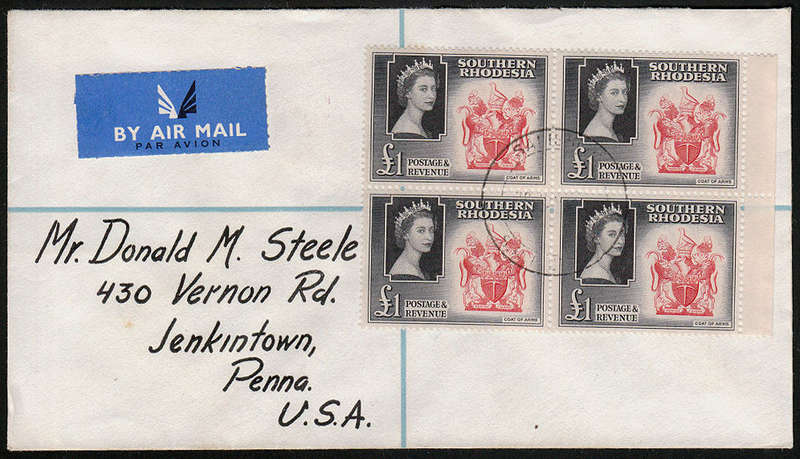 SOUTHERN RHODESIA 1953 QEII £1 MARGINAL BLOCK OF 4 ON REGISTERED COVER FROM SALISBURY TO USA.
