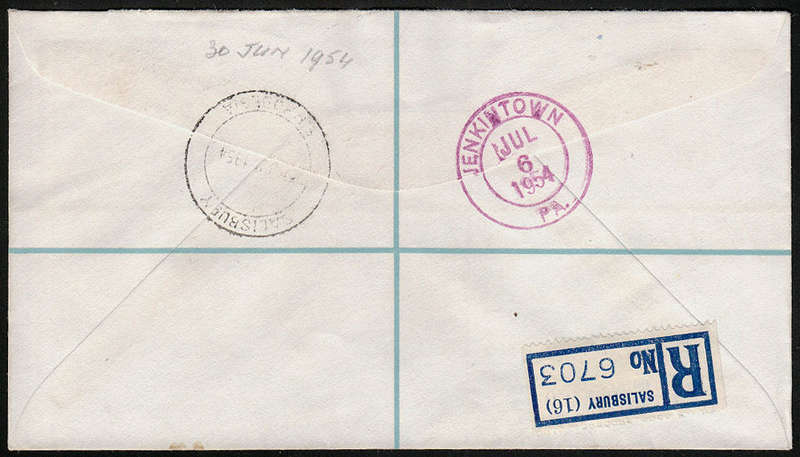 SOUTHERN RHODESIA 1953 QEII £1 MARGINAL BLOCK OF 4 ON REGISTERED COVER FROM SALISBURY TO USA.