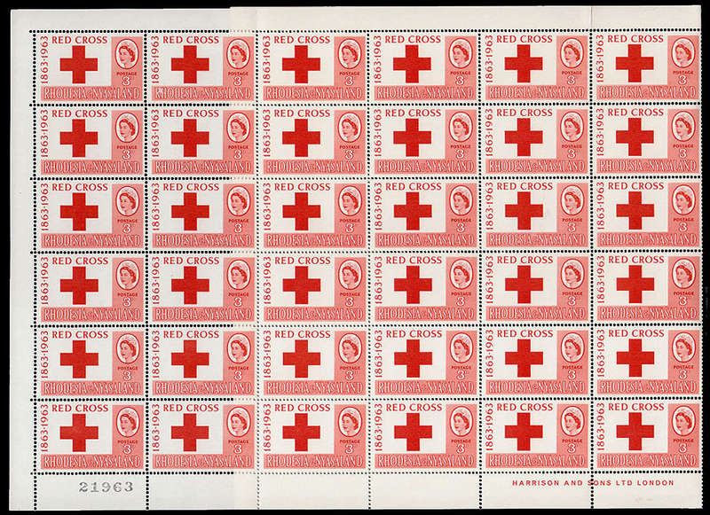 RHODESIA & NYASALAND 1963 RED CROSS 3d COMPLETE SHEET OF 60 STAMPS VERY FINE MNH. SACC 48