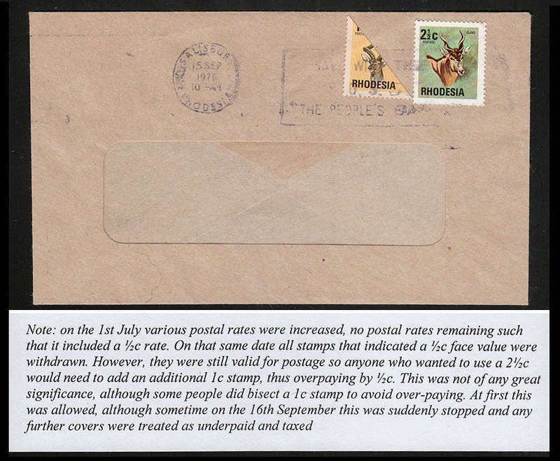 RHODESIA 1976 WINDOW ENVELOPE BEARING 1974 DEFINS 2½c AND 1c BISECT TIED SALISBURY MACHINE CANCEL