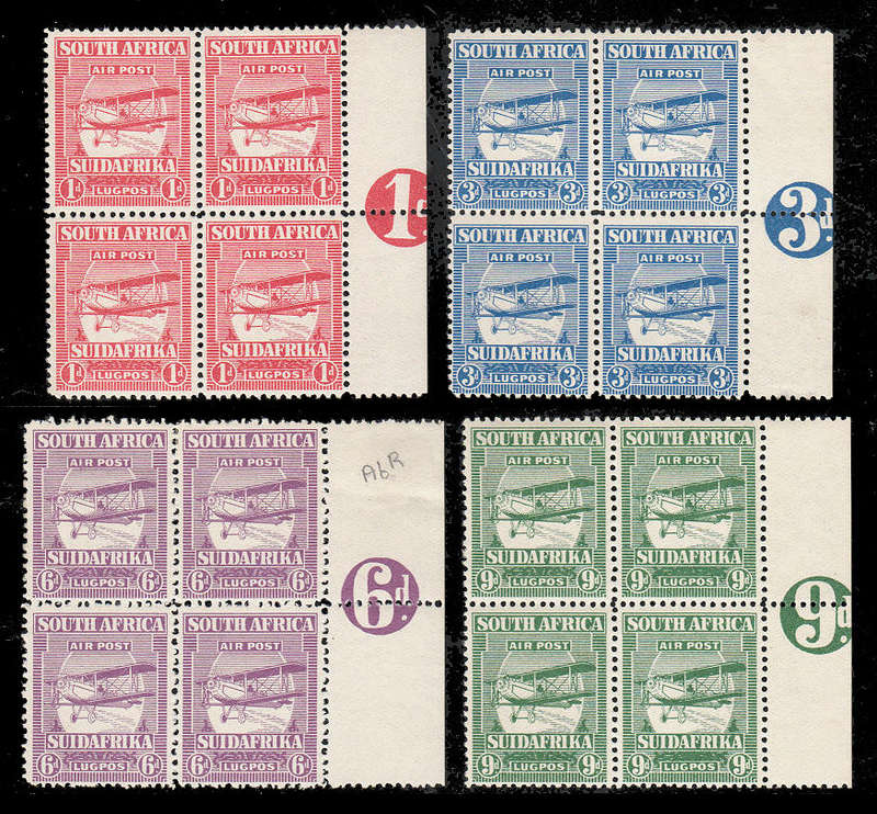 SOUTH AFRIKA 1925 AIRMAIL SET IN VALUE NUMBER CONTROL BLOCKS OF 4 FINE MINT SACC 25-29 CAT ± R5000
