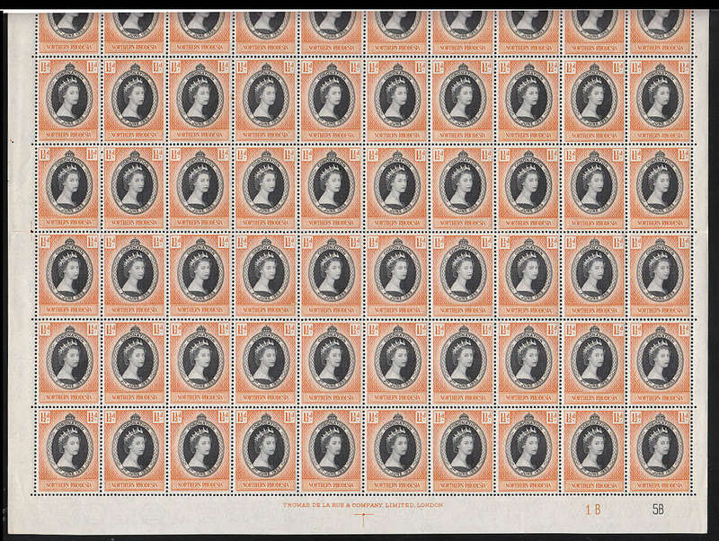 NORTHERN RHODESIA 1953 CORONATION FULL SHEET OF 60 VERY FINE MNH. TOP OF SHEET CUT OFF BY SCANNER
