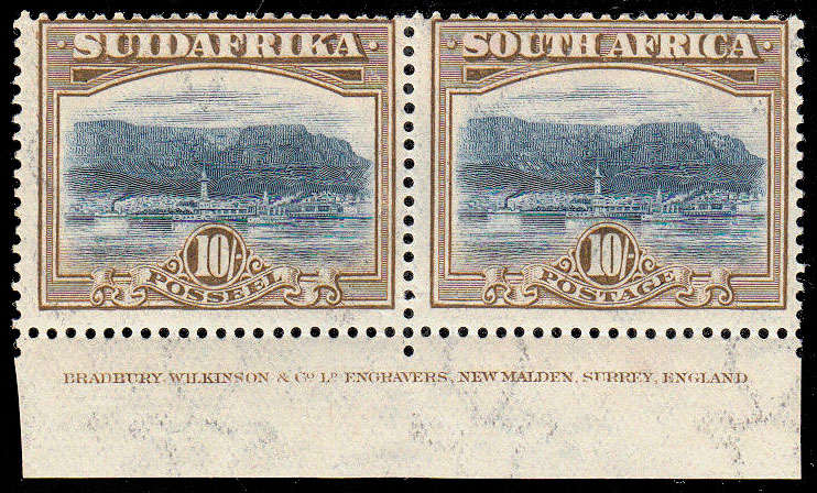 SOUTH AFRICA 1927 LONDON PICTORIALS 10s PERF 14 IMPRINT PAIR FINE MINT SACC 39 CAT R12000