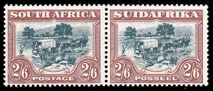 SOUTH AFRICA 1930 ROTO'S 2s6d GREEN AND BROWN PAIR WITH INVERTED WMK VERY FINE LMM. SACC 50aa R4500