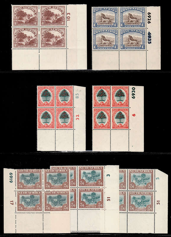 SOUTH AFRICA 1947-54 PICTORIALS SELECTION OF CONTROL BLOCKS TO 2s6 VERY FINE MNH