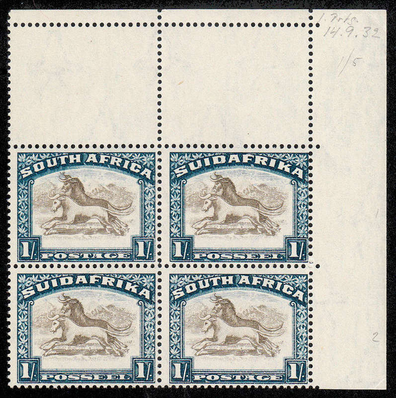 SOUTH AFRICA 1930 ROTO'S 1s INVERTED WMK CORNER BLOCK WITH TWISTED HORN VAR VERY FINE MNH SACC 49