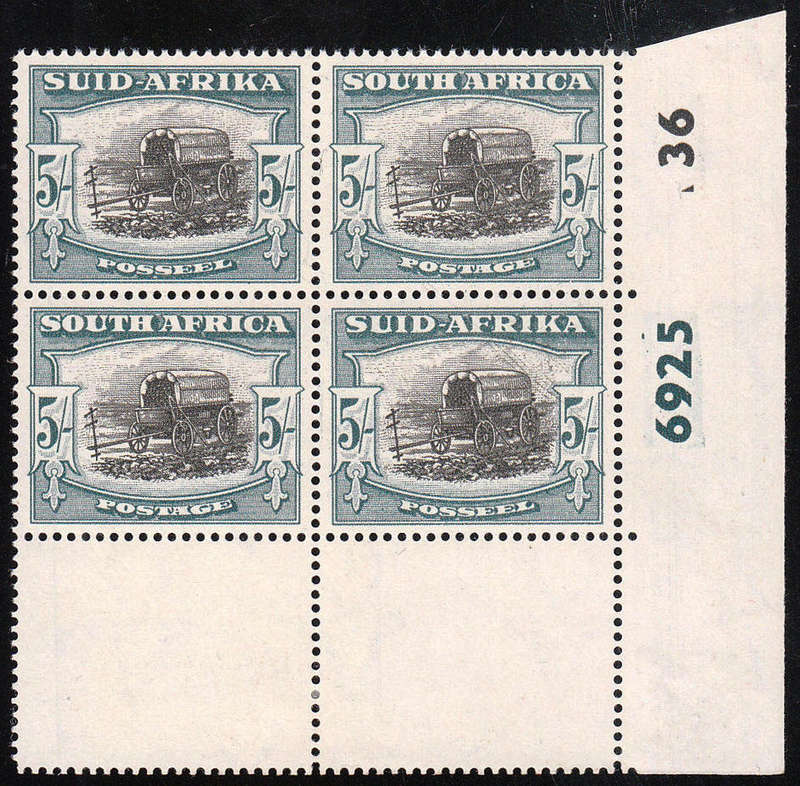 UNION 1947-54 SCREENED PICT 5s BLACK AND PALE BLUE GREEN CONTROLS 6925-36 BLOCK MINT SACC 121