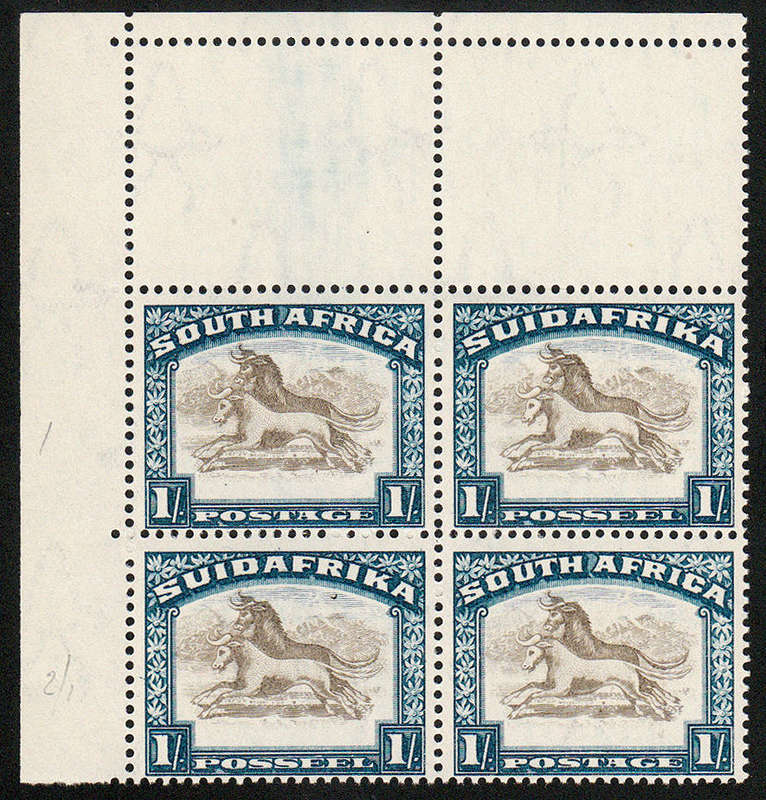 SOUTH AFRICA 1930 ROTO'S 1s INVERTED WMK CORNER BLOCK WITH BIRD IN SKY VAR VERY FINE MNH. SACC 49