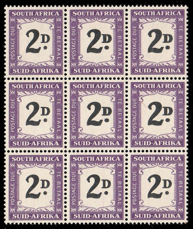 UNION 1950-58 POSTAGE DUES 2d BLOCK OF 9 OF WHICH 4 STAMPS HAVE THICK 2d VAR VERY FINE MNH SACC 39A