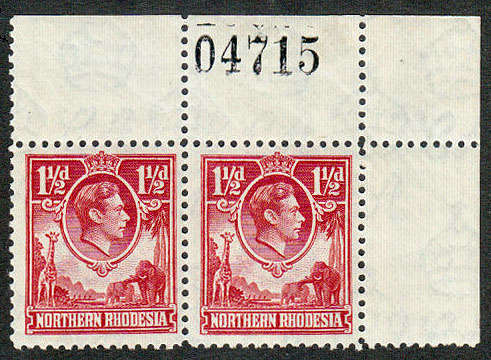NORTHERN RHODESIA 1938 KGVI 1½d CARMINE-RED SHEET NUMBER CORNER PAIR VERY FINE MNH SACC 29 R2000+