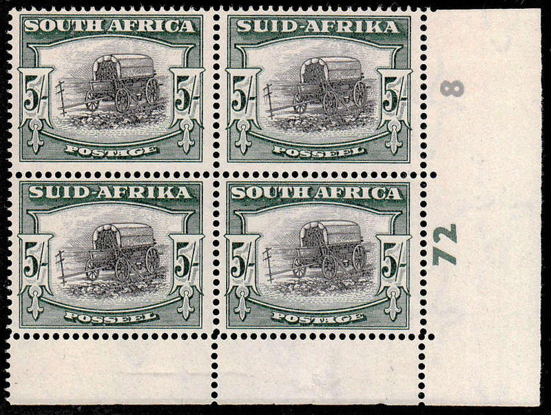 UNION 1947-54 SCREENED PICT 5s BLACK AND DP YELLOW-GREEN 72-8 ENGLISH CNR BLOCK LMM/MNH SACC 121a