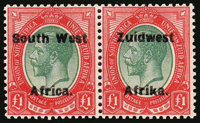 SOUTH WEST AFRICA 1924 KGV OVPTS TYPE VI £1 16MM OVPT PAIR VERY FINE MINT. SACC 51
