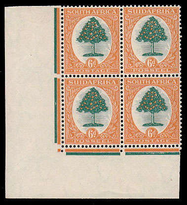 SOUTH AFRICA 1926 LONDON PRTG 6d BOTTOM LEFT CORNER BLOCK VERY FINE MINT. SACC 30L