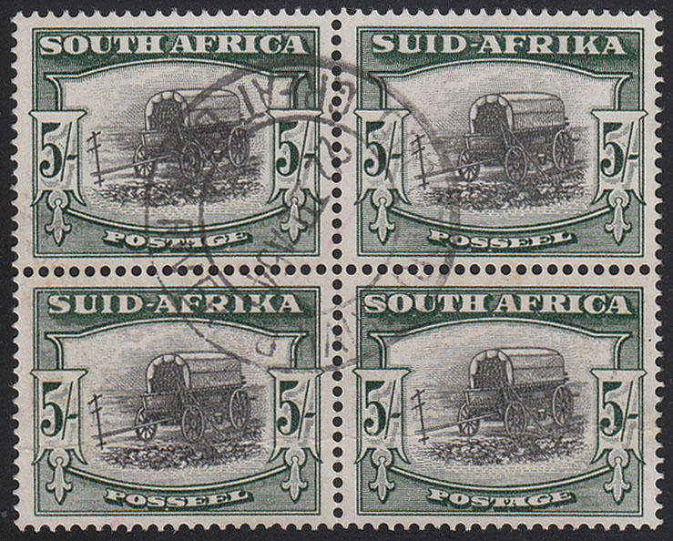 UNION 1947-54 SCREENED PICT 5s BLACK AND DP YELLOW-GREEN BLOCK WITH GREAT BRAK RIVER CANCEL SACC121a