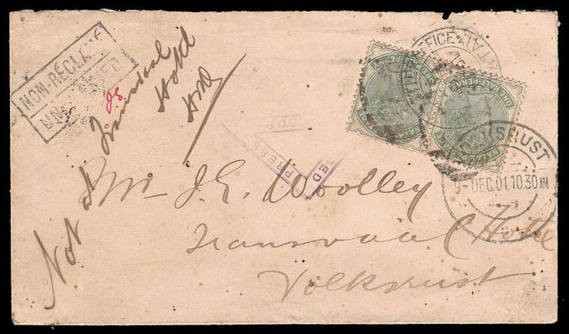 1901 (APRIL) BOER WAR COVER TO VOLKSRUST, BOXED NON-RECLAME AND ENDORSED NOT AT TRANSVAAL, HOLD