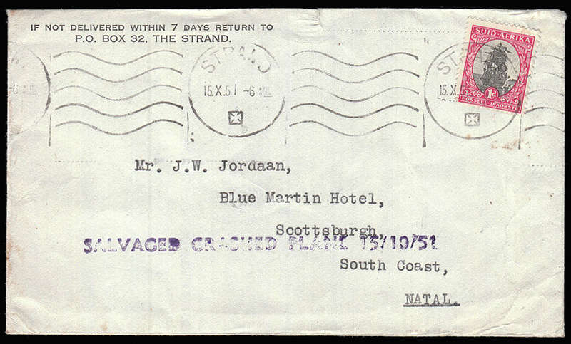 SOUTH AFRICA 1951 VERY SCARCE SAA DAKOTA "PAARDEBERG' KOKSTAD CRASH COVER.