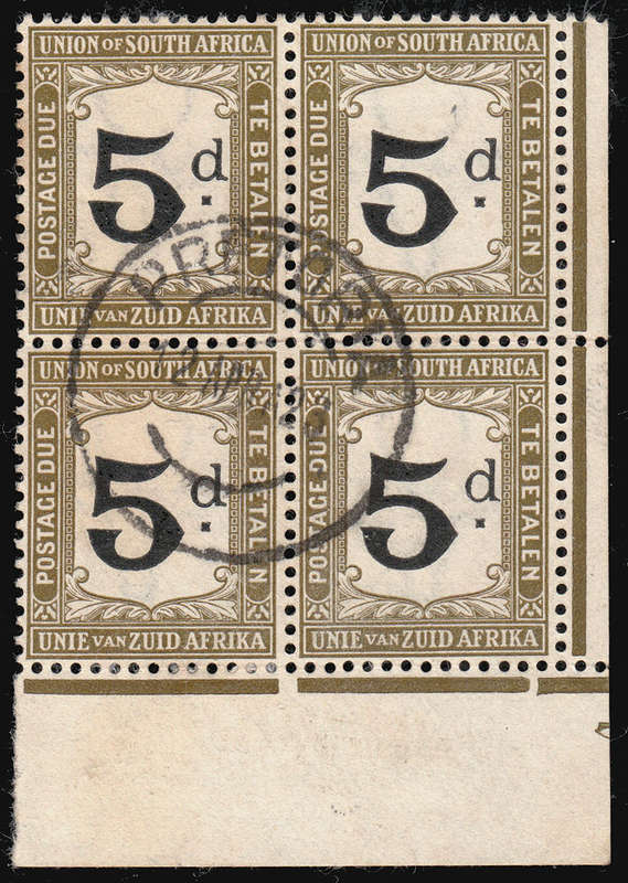UNION 1914-22 POSTAGE DUES 5d BLACK AND SEFIA CORNER BLOCK OF 4 FINE USED. SACC 6