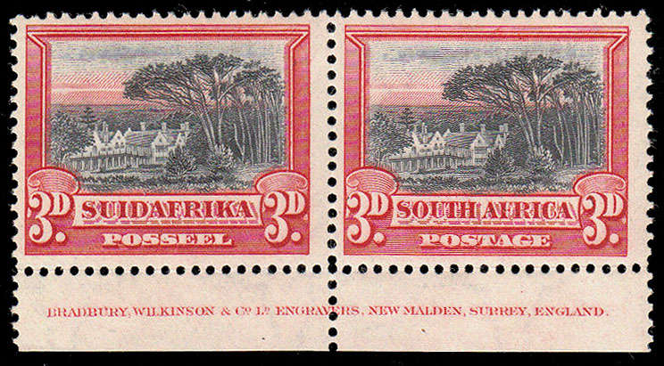 SOUTH AFRICA 1927 LONDON PICT 3d PERF 14x13½ DOWN IMPRINT PAIR FINE MINT. SACC 34a. SCARCE