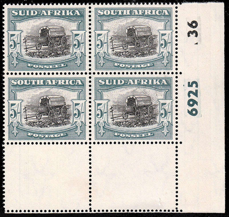 UNION 1947-54 SCREENED PICT 5s BLACK AND PALE BLUE-GREEN CYL 6925-36 RAIN FLAW BLCK LMM/MNH SACC 121