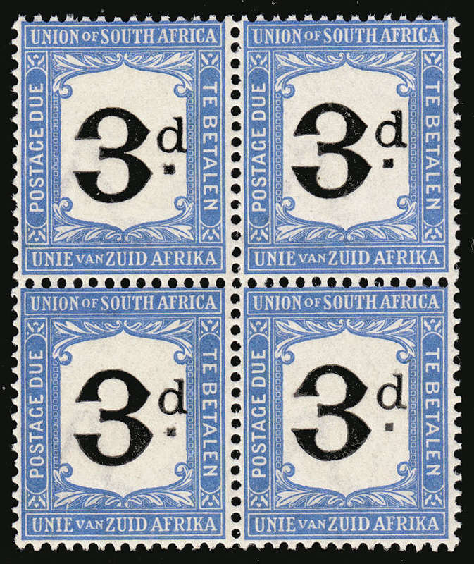 SOUTH AFRICA 1914-22 POSTAGE DUES 3d INVERTED WMK BLOCK OF 4 VERY FINE MNH. SACC 4a