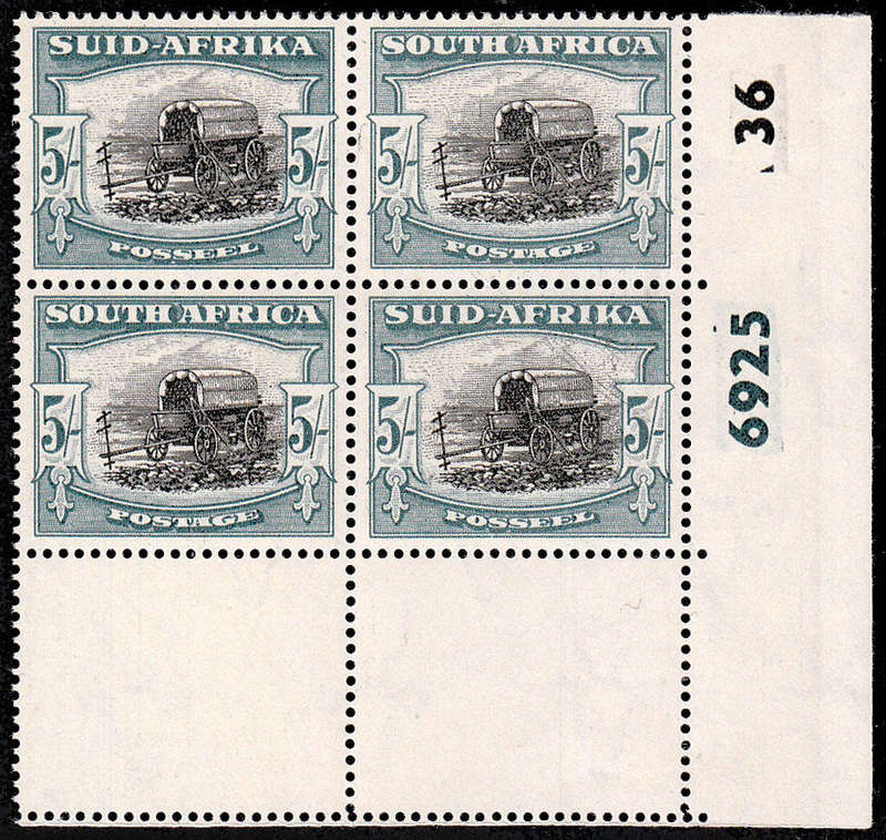 UNION 1947-54 SCREENED PICT 5s BLACK AND PALE BLUE-GREEN CYL 6925-36 RAIN FLAW BLCK LMM/MNH SACC 121