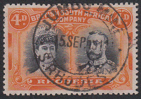 RHODESIA BSAC VERY FINE "JUMBO MINE 15 SEP 15" (?) S RHODESIA POSTMARK ON 4d DOUBLE HEAD