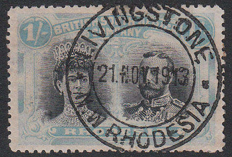 RHODESIA BSAC VERY FINE "LIVINGSTONE 21 NOV 1913" N.W. RHODESIA POSTMARK ON 1s DOUBLE HEAD