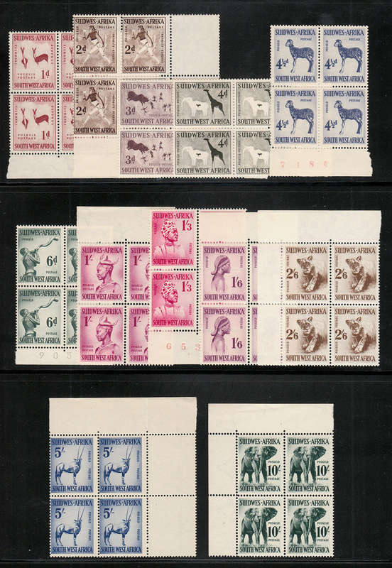 SOUTH WEST AFRICA 1954 DEFIN SET 12 VALUES IN MARGINAL BLOCKS OF 4 VERY FINE MNH. SACC 182-193