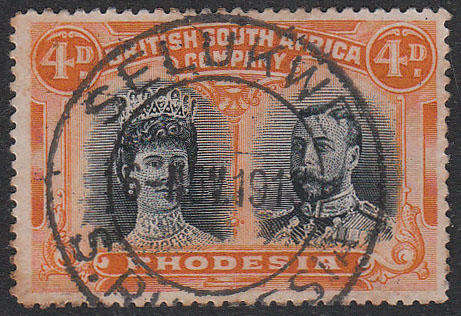 RHODESIA BSAC VERY FINE "SELUKWE 6 NOV 1913" S RHODESIA POSTMARK ON 4d PERF 15 DOUBLE HEAD