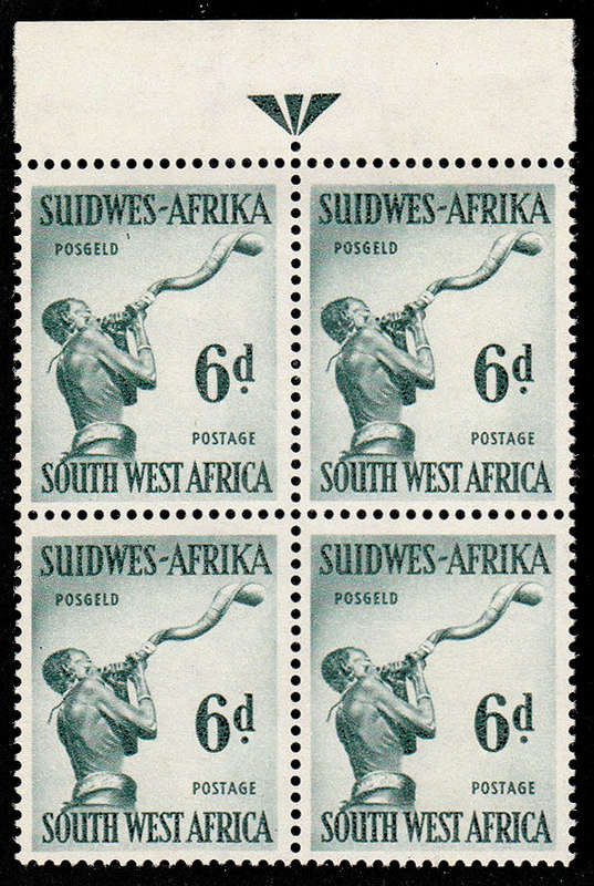 SOUTH WEST AFRICA 1954 DEFIN 6d MYRTLE GREEN WITH REVERSED WMK ARROW BLOCK V.F MNH SACC 187a R20.000