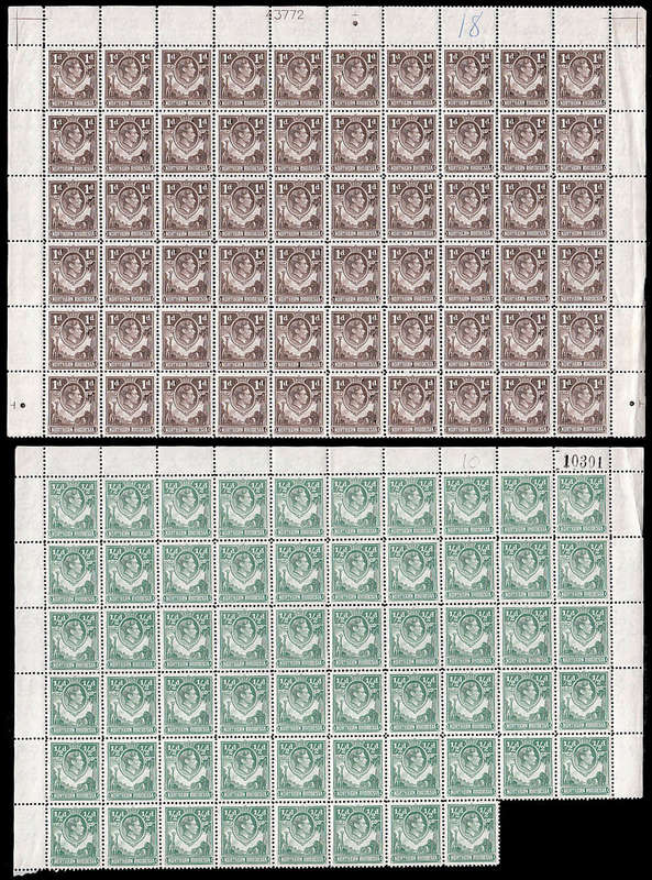 Northern Rhodesia 1938 KGVI ½d Green and 1d Brown in Part Sheets MNH