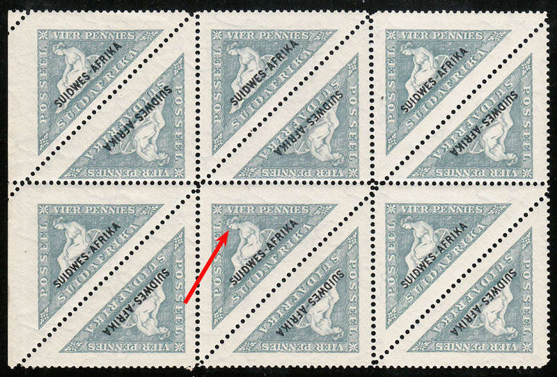 SOUTH WEST AFRICA 1926 TRIANGULARS 4d AFRIKAANS SETTING BLOCK OF 12 UNLISTED 'MISSING EYE BROW' MNH