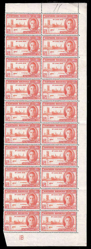 N RHODESIA 1946 VICTORY 1½d PERF 13½ R/H DOUBLE VERT ROWS OF 20 INCL PLATE 1B V F MNH SACC 46a R6300
