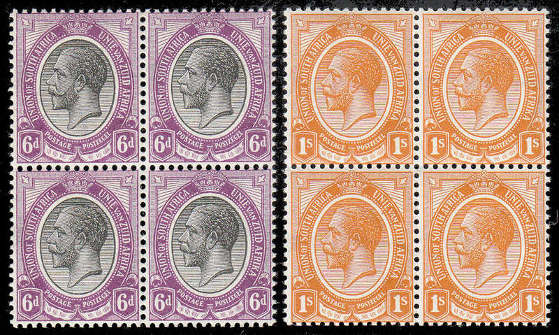 UNION 1913 KINGS HEADS 6d AND 1s IN BLOCKS OF 4 VERY FINE MNH. SACC 10, 11