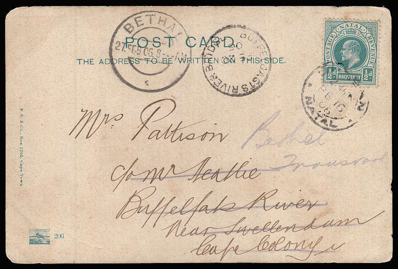 CGH 1906 COMPLETE "BUFFELJAGTS RIVER BRIDGE" POSTMARK ON RE DIRECTED POSTCARD FROM NATAL TO BETHAL