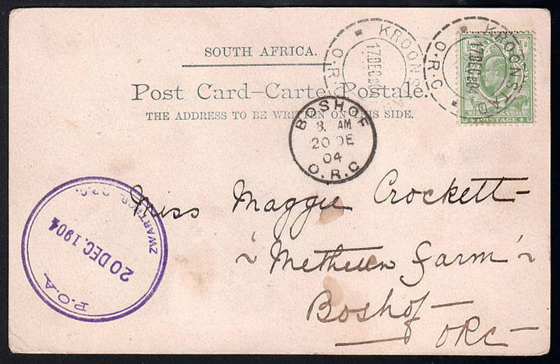 OFS 1904 POSTCARD FROM KROONSRAD TO BOSHOF WITH RARE P.O.A. ZWARTKOP. O.R.C. CANCEL IN VIOLET