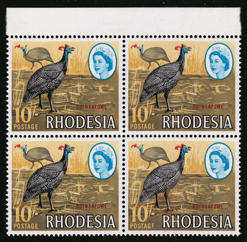 RHODESIA 1966 HARRISON PRTG 10s BLOCK WITH DRAMATIC LEFT SHIFT OF RED COLOUR. VERY FINE MNH