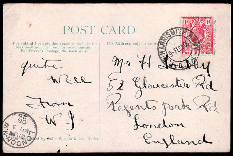 OFS 1906 (9 FEB) VERY RARE "P.O. HARRISMITH ARMY"  FULL PMK ON POSTCARD TO UK