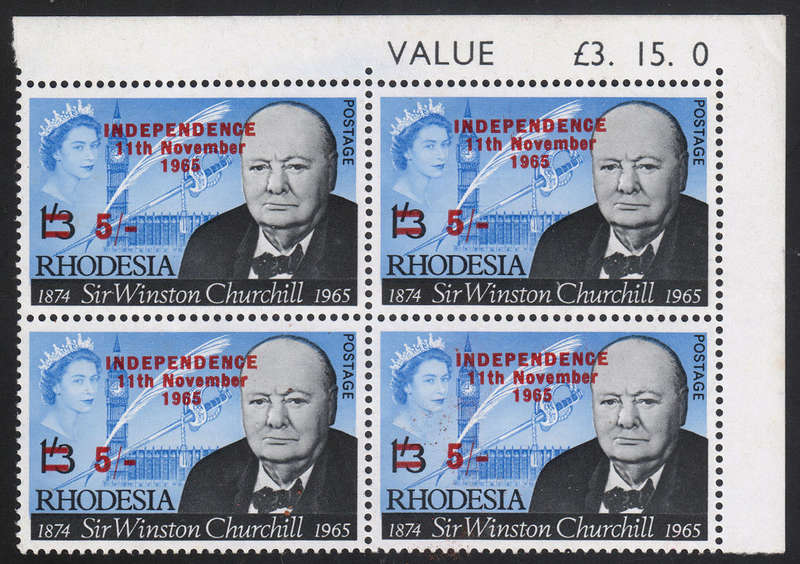 RHODESIA INDEPENDENCE OVPT 5s CHURCHILL BLOCK OF 4 WITH COMPLETE OFFSET OF OVERPRINT. MNH SACC 130 V