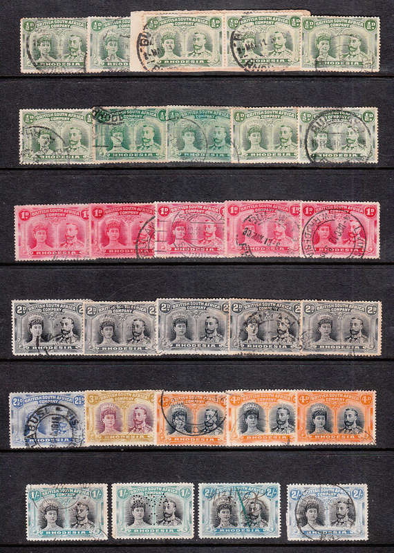 RHODESIA DOUBLE HEADS USED ACCUMULATION TO 2s, ODD FISCAL. MANY SHADES, AVERAGE CONDITION