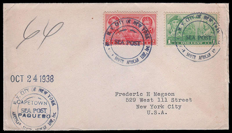 UNION 1938 M.V. CITY OF NEW YORK SEAPOST COVER WITH "CAPE TOWN SEA POST PAQUEBO" ADDED AT LEFT
