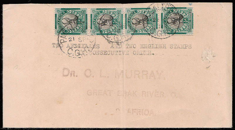 SOUTH AFRICA 1934 COVER FRANKED WITH ROTO ½d AA-EE COIL STRIP OF 4 CANCELLED PACALTSDORP