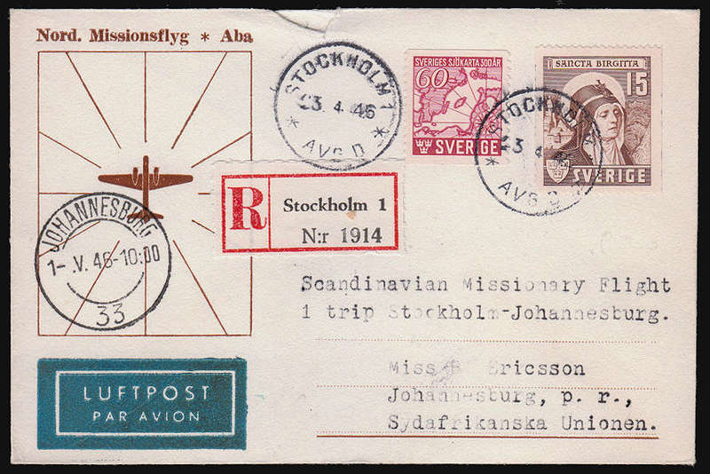 SWEDEN-JOHANNESBURG 1946 1st SCANDINAVIAN MISSIONERY FLIGHT STOCKHOLM-JOHANNESBURG COVER. SCARCE