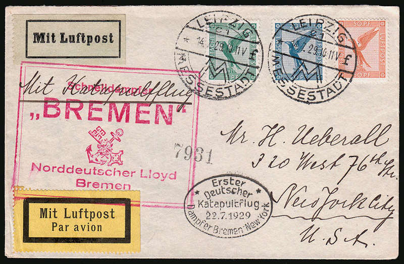 KATAPULTFLUG FROM SNELLDAMPHER BREMEN TO USA. CACHETS AND ENDORSMENT.