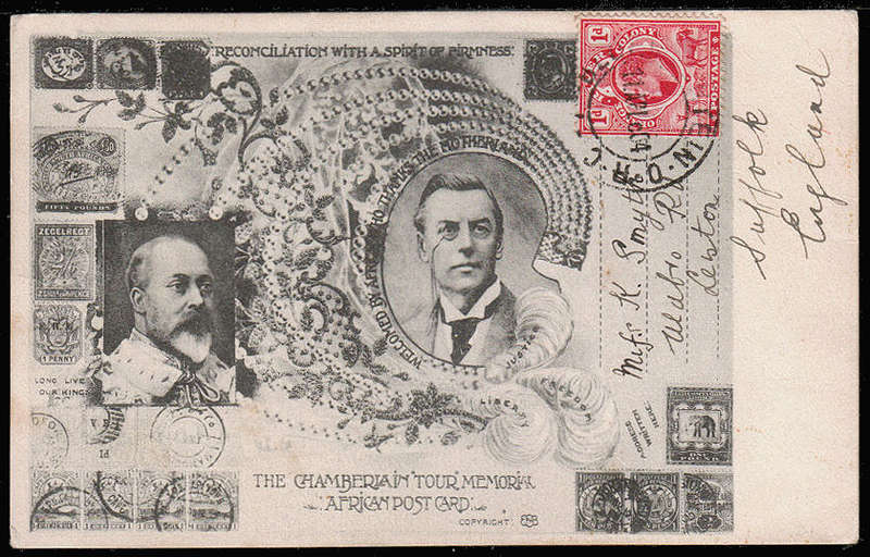 ORANGE FREE STATE 1904 THE CHAMBERLAIN TOUR MEMORIAL AFRICAN POSTCARD. MUCH ILLUSTRATED. USED